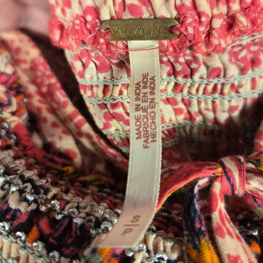 Free People Pink Floral Smocked Halter Maxi Dress Boho Tassel Tiered Size S
